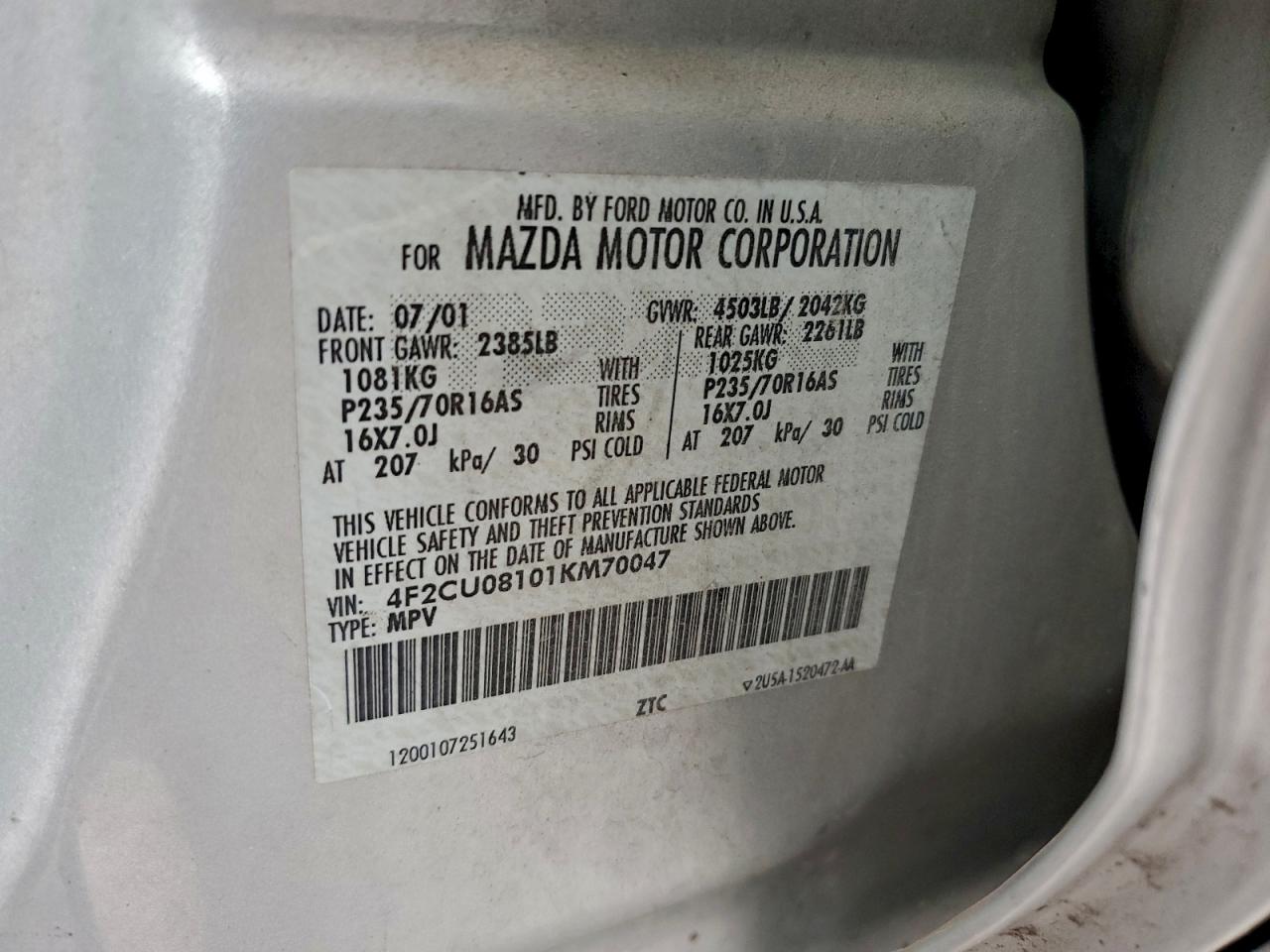 2001 Mazda Tribute Lx VIN: 4F2CU08101KM70047 Lot: 93707055