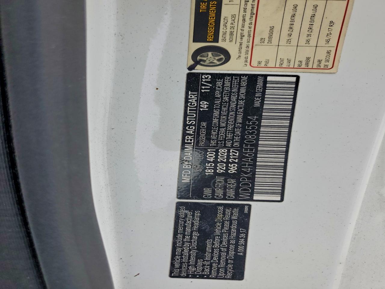 2014 Mercedes-Benz Slk 250 VIN: WDDPK4HA6EF083554 Lot: 93874675