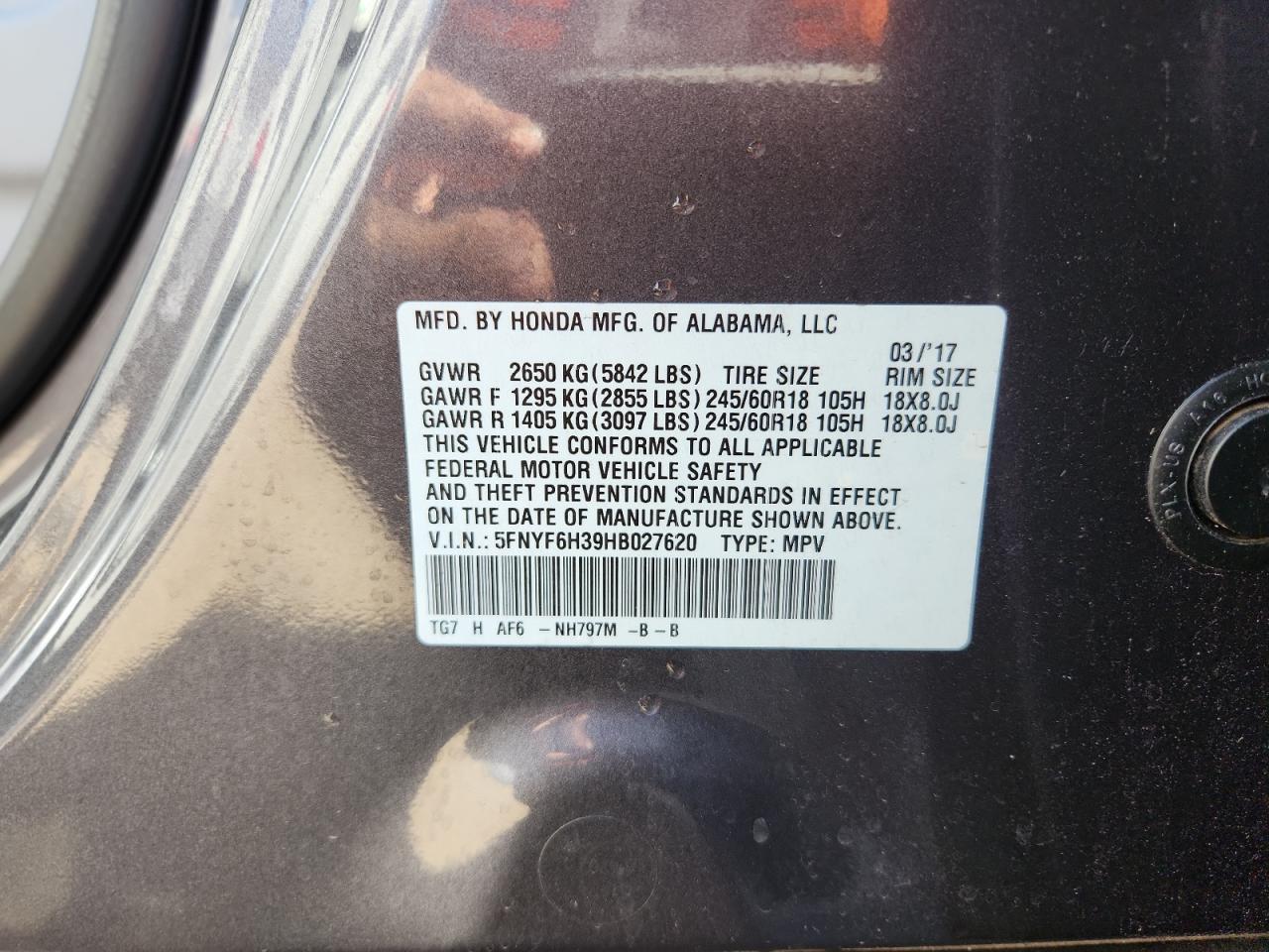 2017 Honda Pilot Ex VIN: 5FNYF6H39HB027620 Lot: 91317945