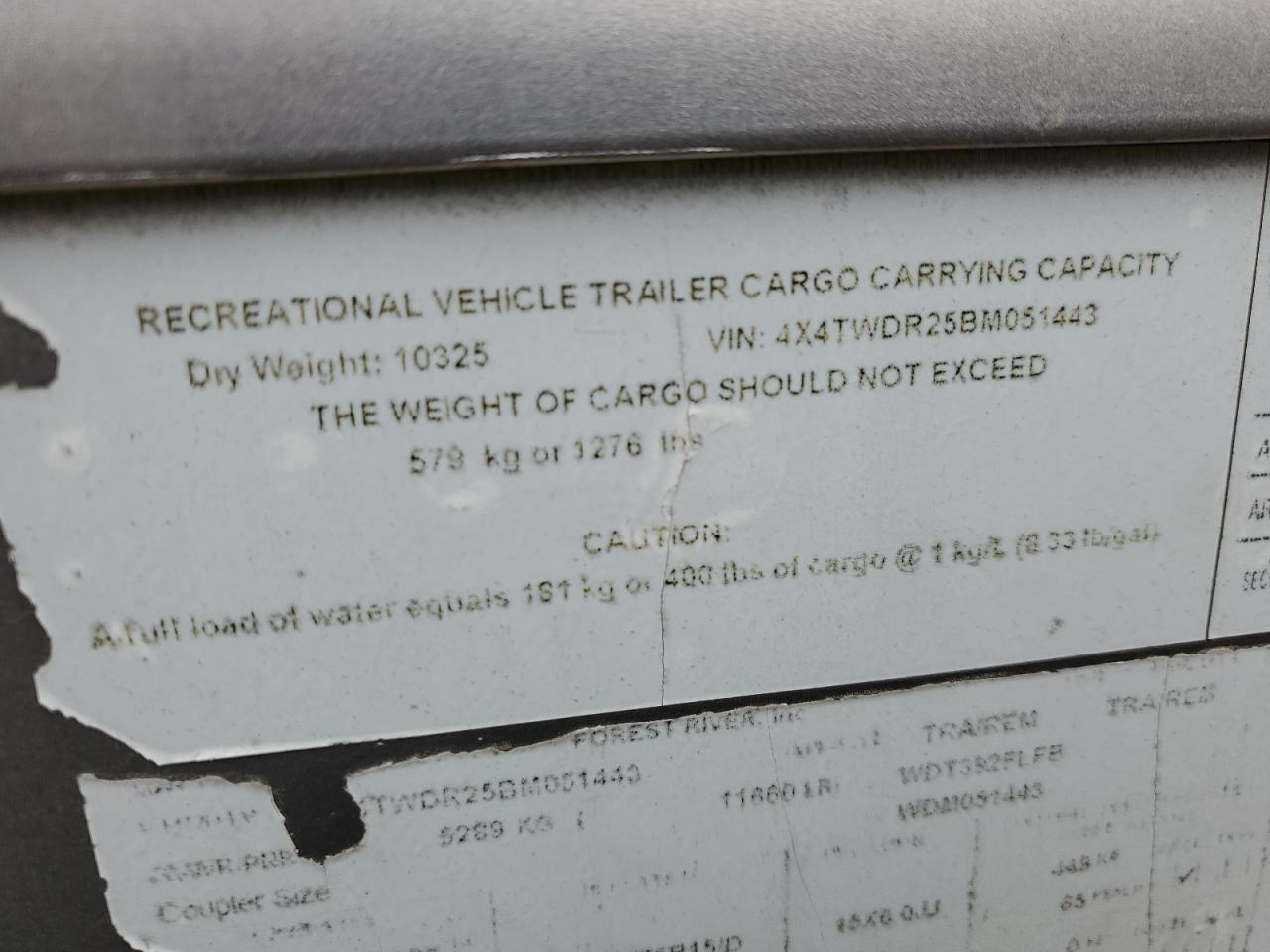 2011 Ltu0 Travel Trailer VIN: 4X4TWDR25BM051443 Lot: 90779645