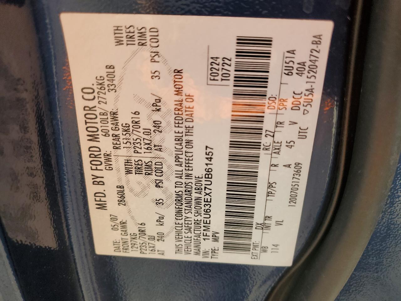 2007 Ford Explorer Xlt VIN: 1FMEU63EX7UB61457 Lot: 91166925