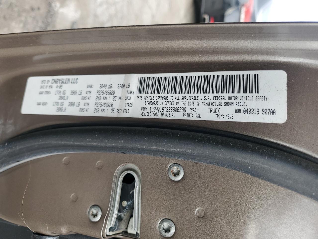 2009 Dodge Ram 1500 VIN: 1D3HV18T99S806386 Lot: 91175235