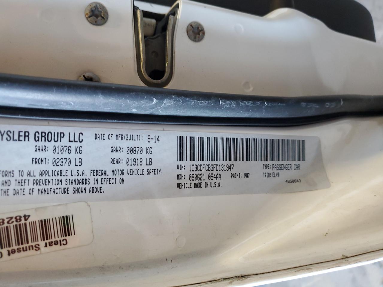 2015 Dodge Dart Limited VIN: 1C3CDFCB3FD131947 Lot: 91563595