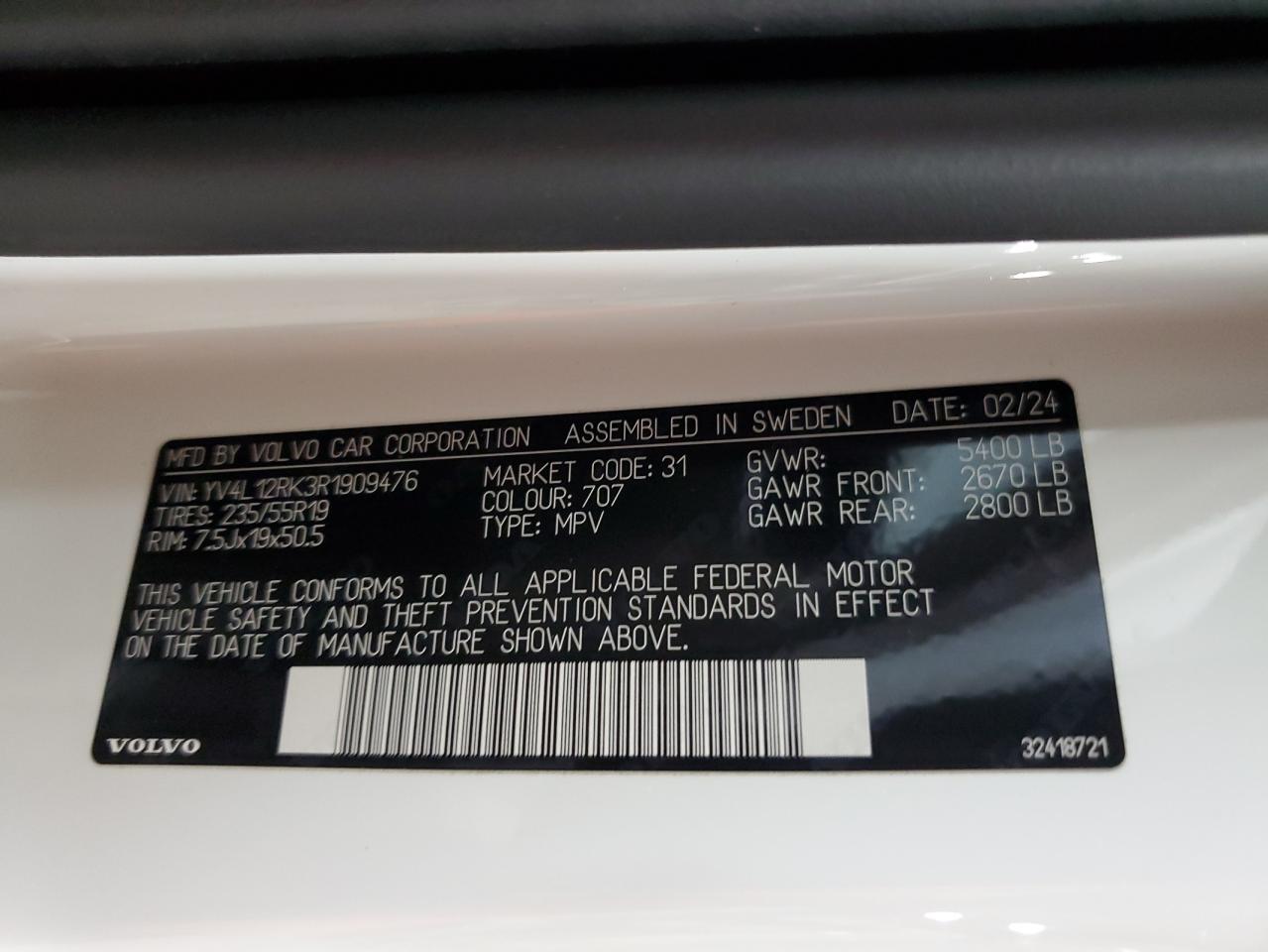 2024 Volvo Xc60 Core VIN: YV4L12RK3R1909476 Lot: 92468395