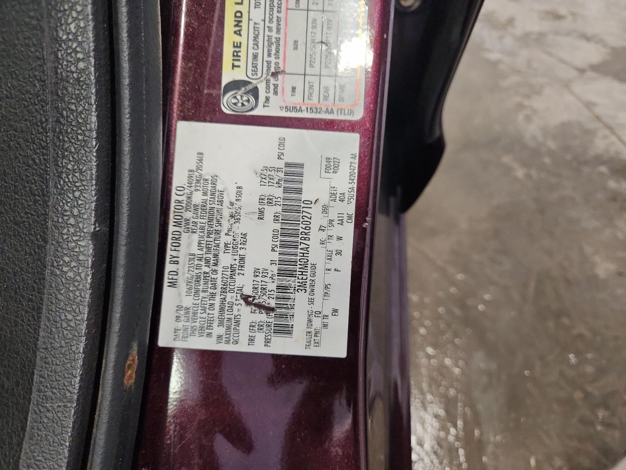 2011 Mercury Milan VIN: 3MEHM0HA7BR602710 Lot: 92326845