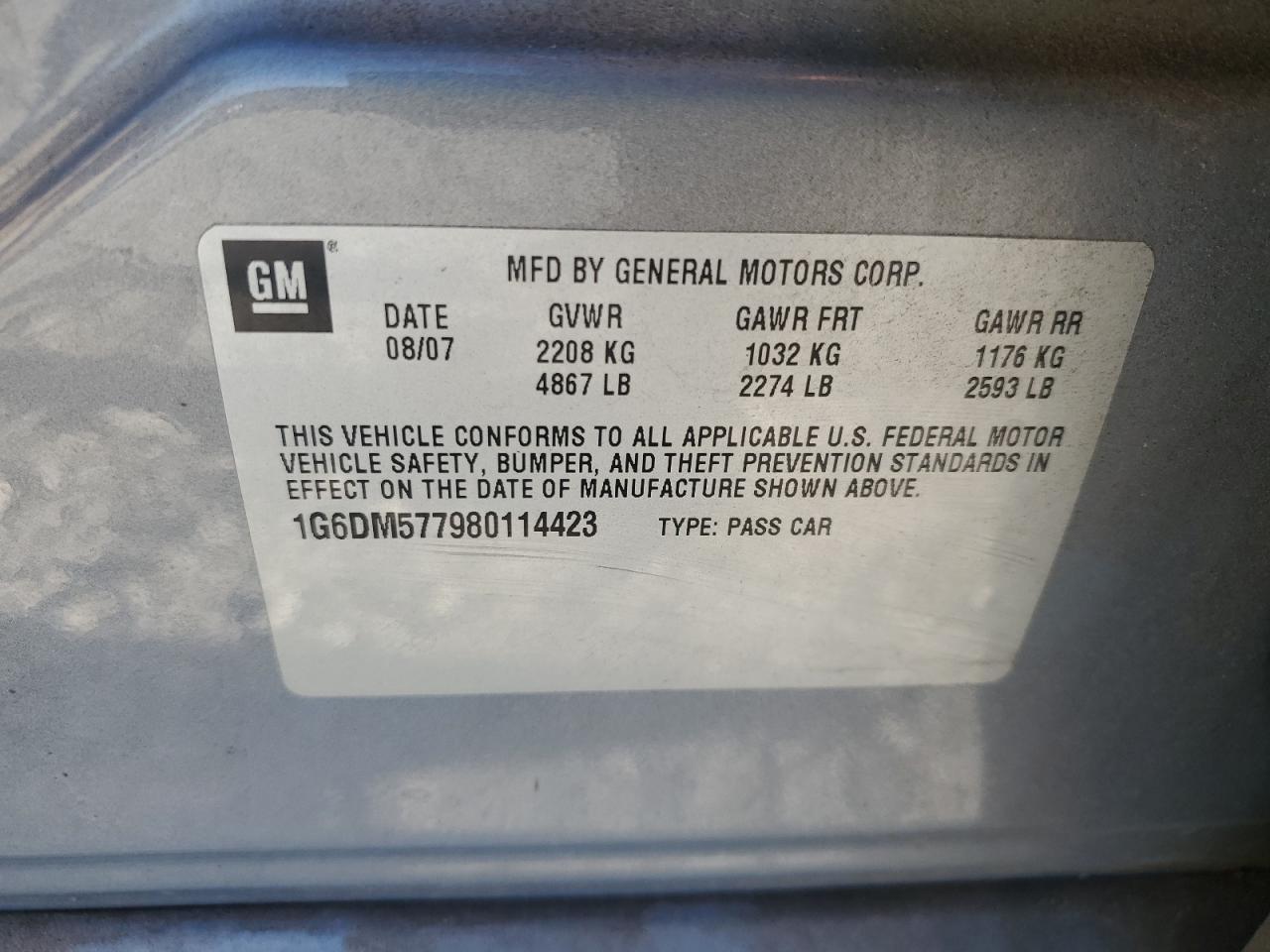 2008 Cadillac Cts VIN: 1G6DM577980114423 Lot: 92923695