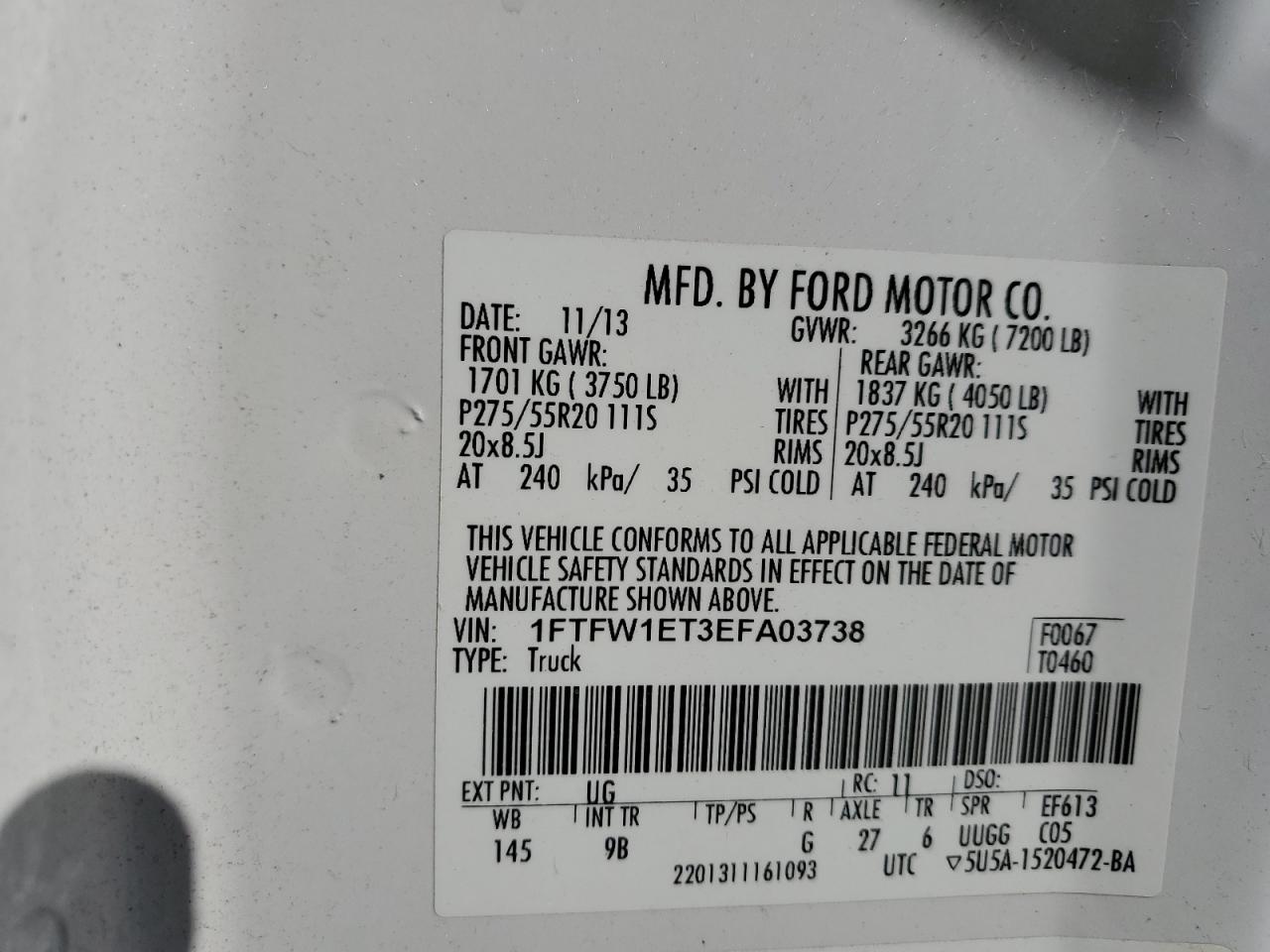 2014 Ford F150 Supercrew VIN: 1FTFW1ET3EFA03738 Lot: 90598505