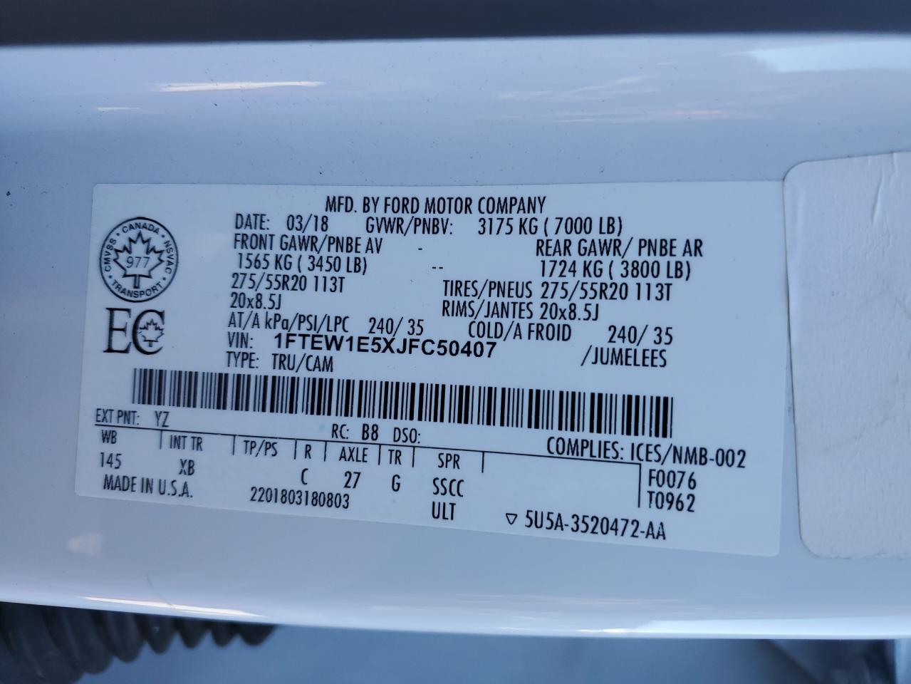 2018 Ford F150 Supercrew VIN: 1FTEW1E5XJFC50407 Lot: 91121105