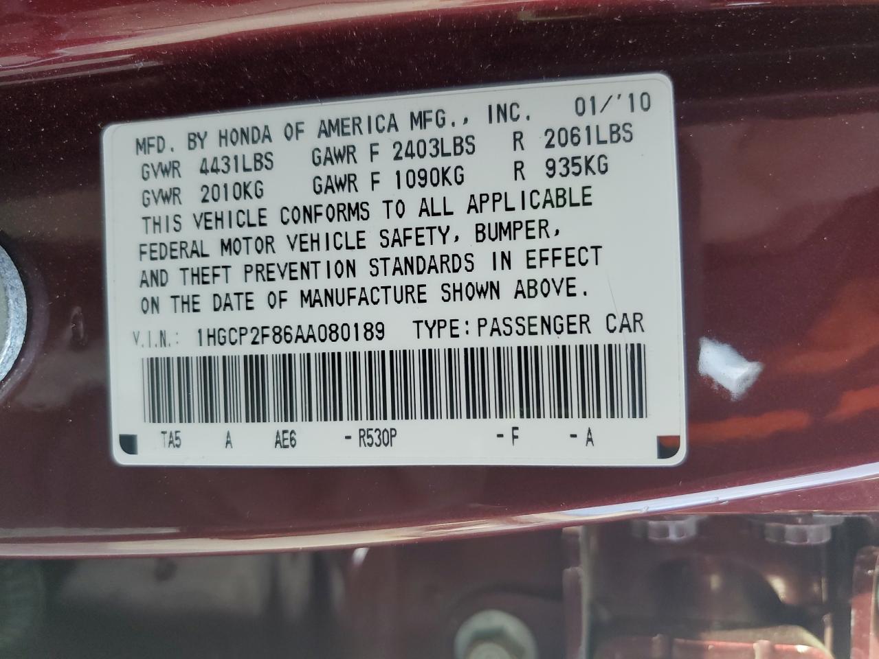 2010 Honda Accord Exl VIN: 1HGCP2F86AA080189 Lot: 93191465