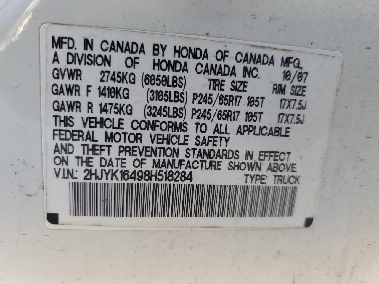 2008 Honda Ridgeline Rts VIN: 2HJYK16498H518284 Lot: 92074405