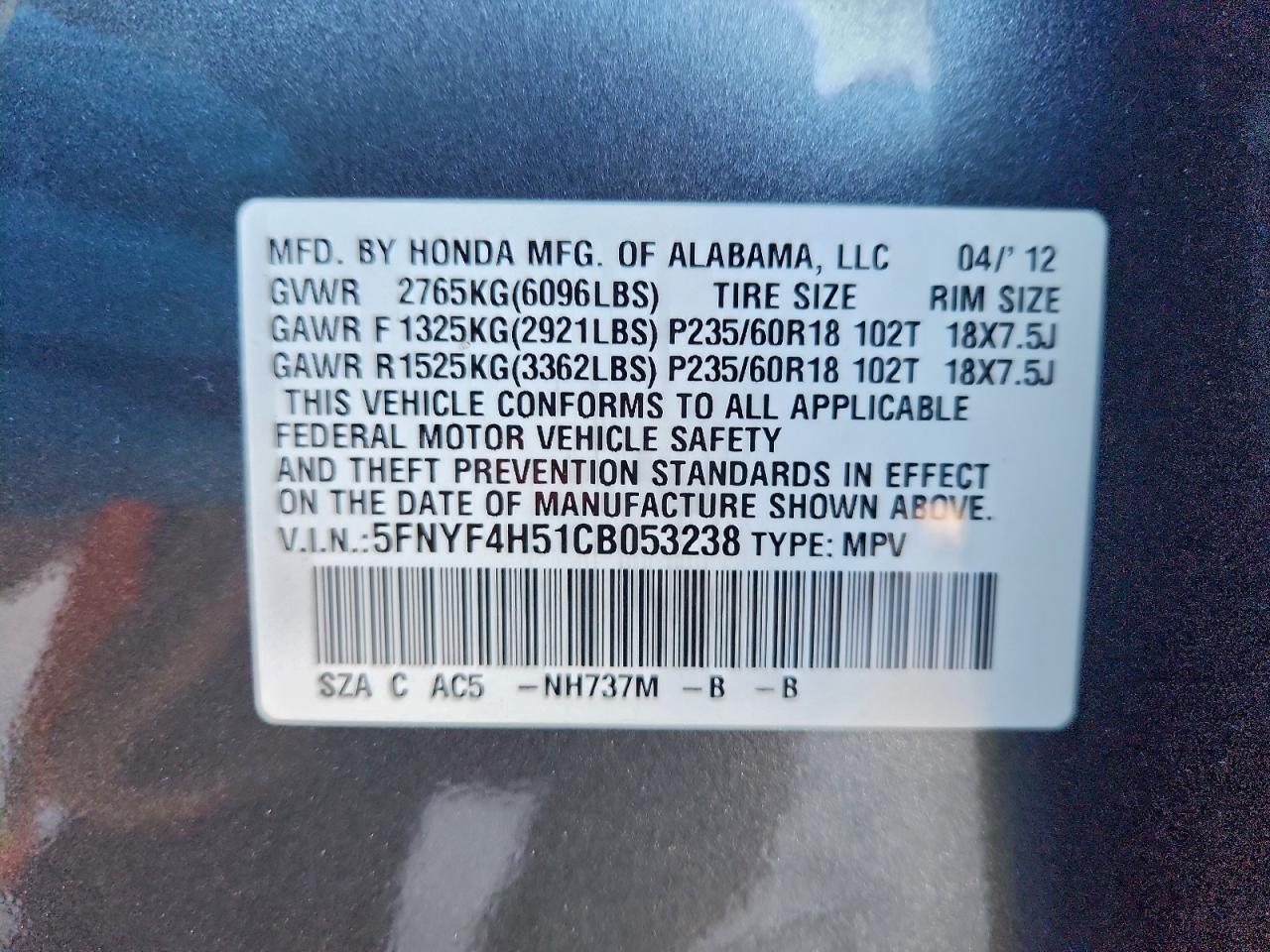 2012 Honda Pilot Exl VIN: 5FNYF4H51CB053238 Lot: 93259625