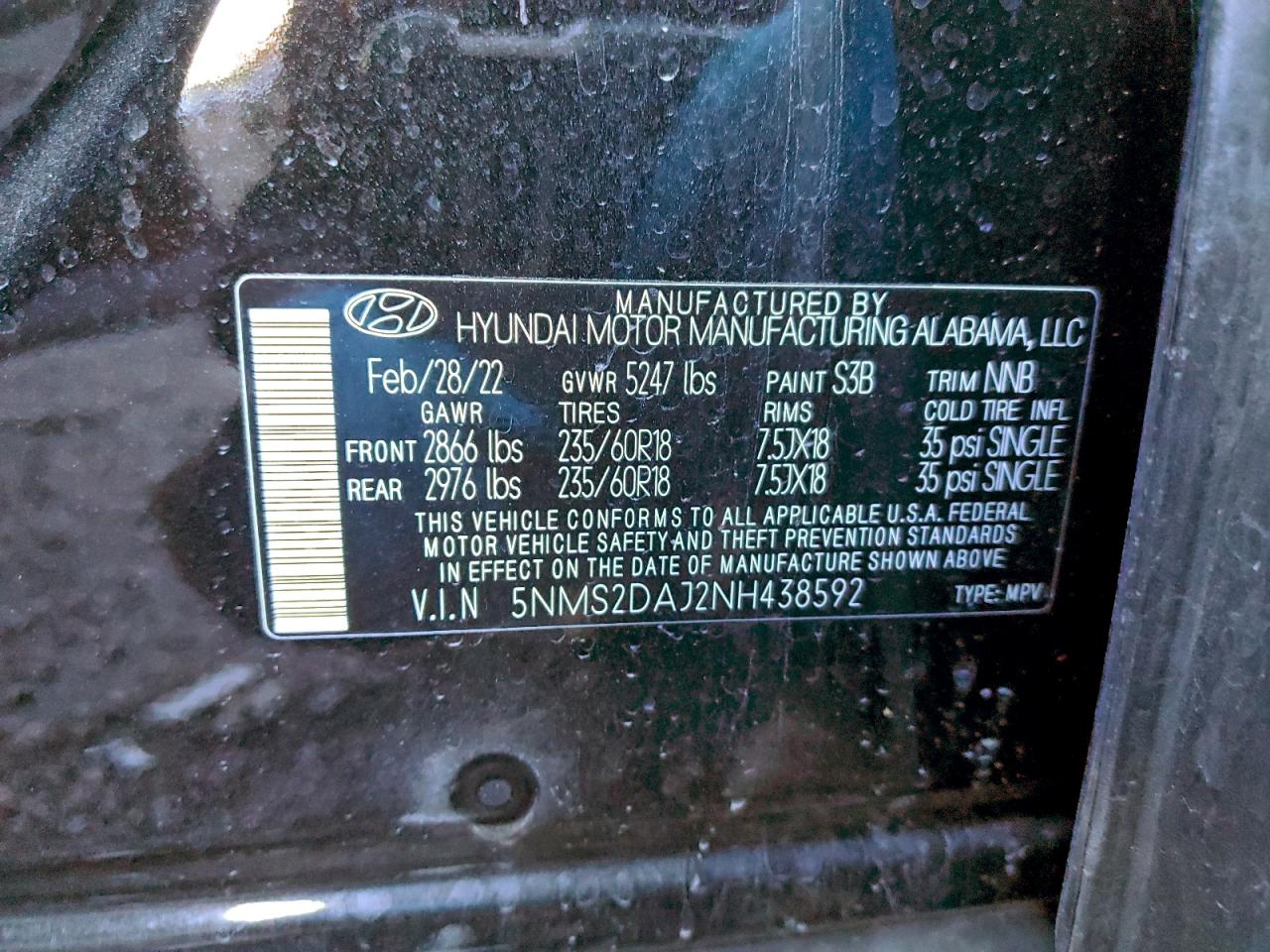 2022 Hyundai Santa Fe Sel VIN: 5NMS2DAJ2NH438592 Lot: 94108215