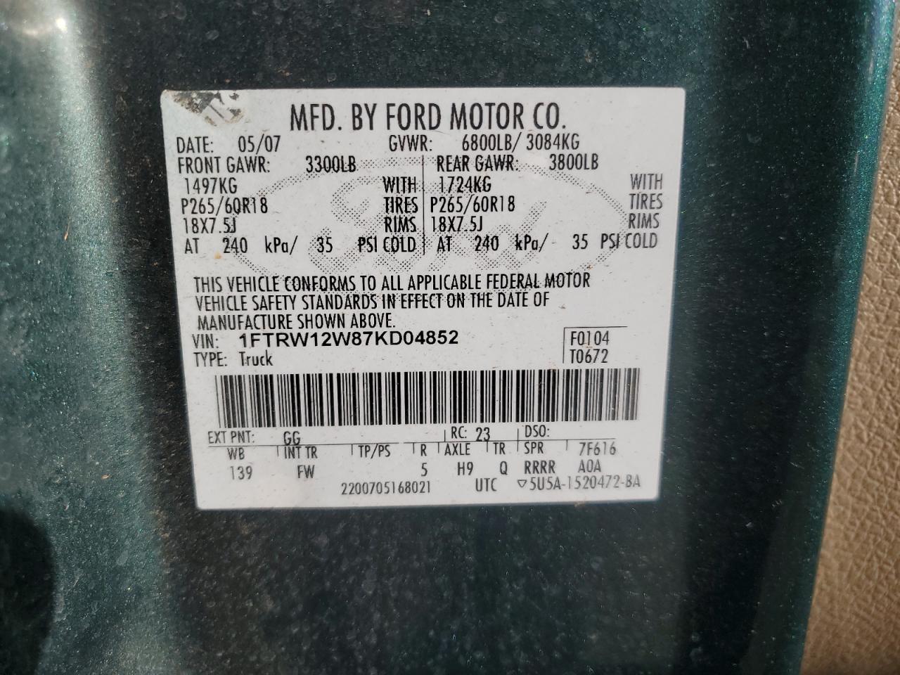 2007 Ford F150 Supercrew VIN: 1FTRW12W87KD04852 Lot: 92923395