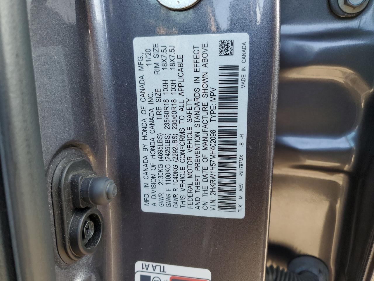 2021 Honda Cr-V Ex VIN: 2HKRW1H57MH402098 Lot: 91931105