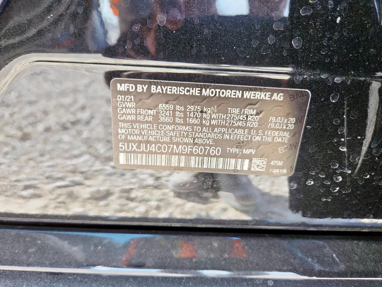 2021 BMW X5 M50I VIN: 5UXJU4C07M9F60760 Lot: 93208695