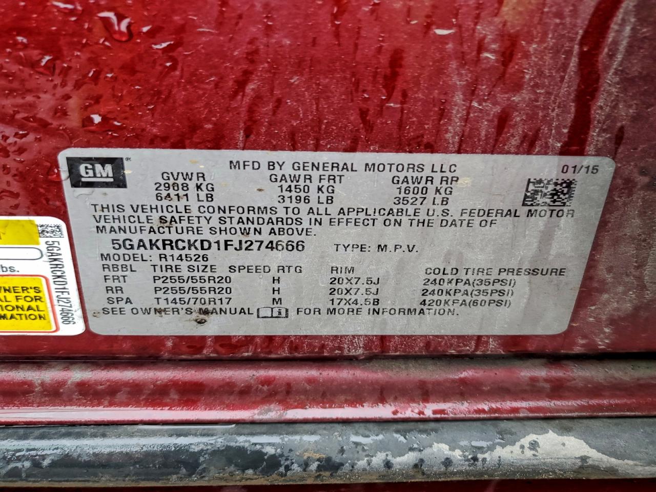 2015 Buick Enclave VIN: 5GAKRCKD1FJ274666 Lot: 93487045