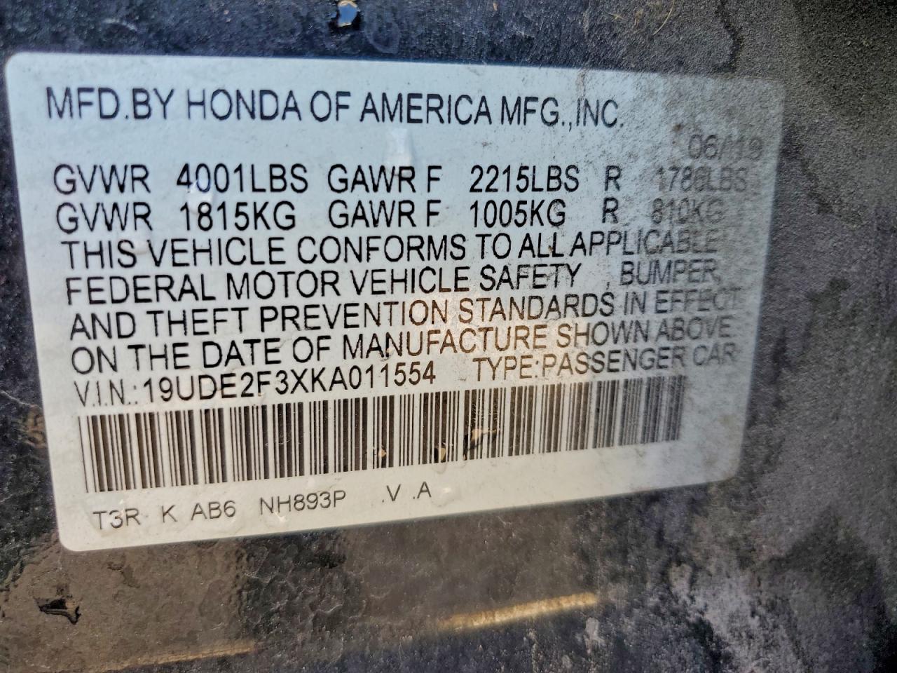 2019 Acura Ilx VIN: 19UDE2F3XKA011554 Lot: 93894165