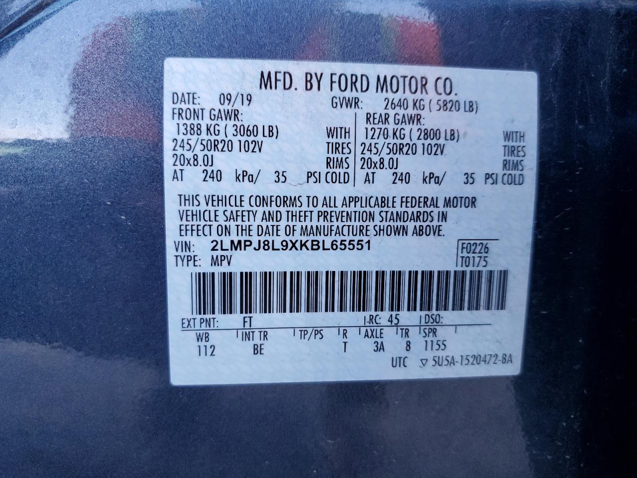 2019 Lincoln Nautilus Reserve VIN: 2LMPJ8L9XKBL65551 Lot: 92287395