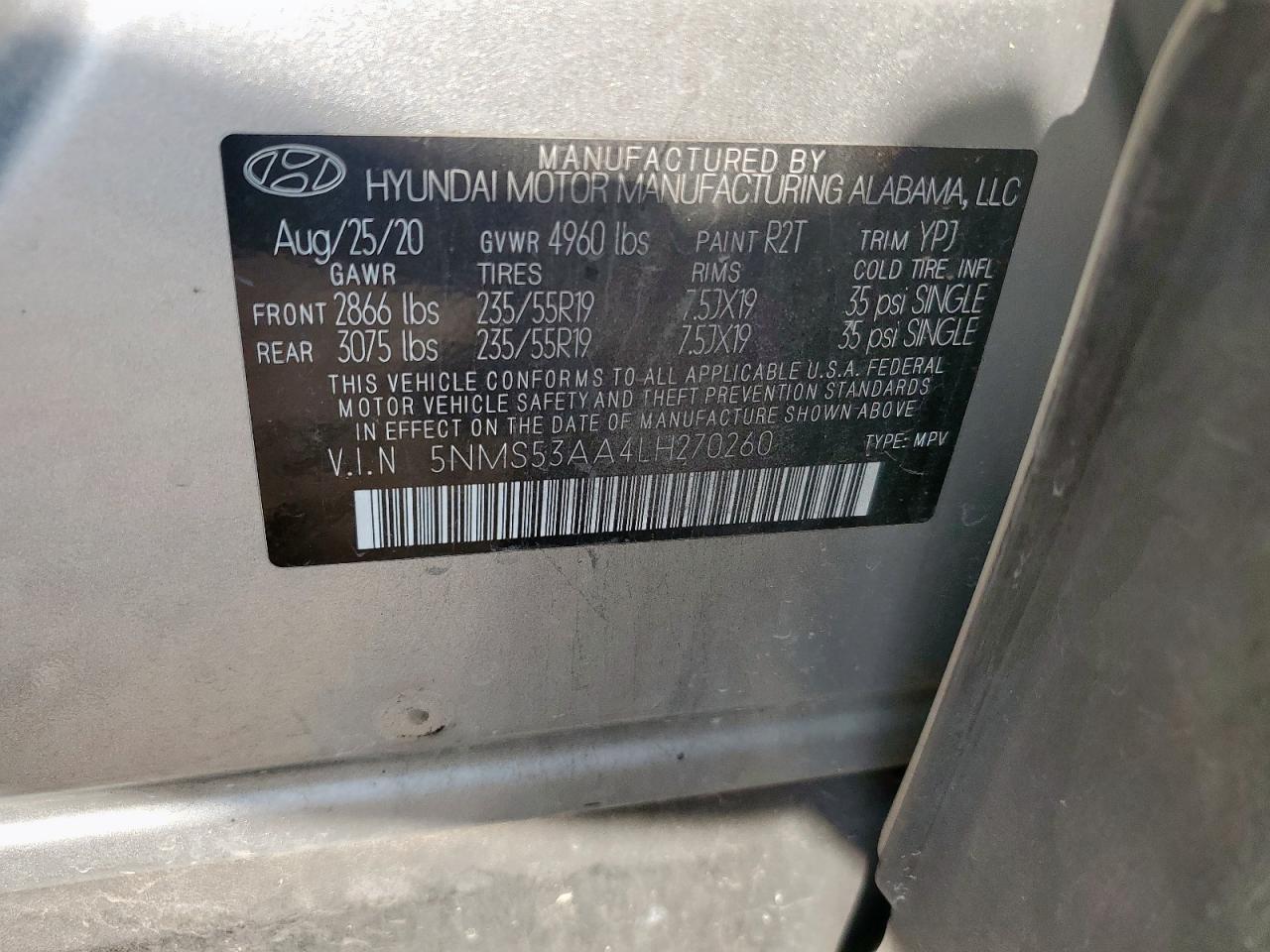 2020 Hyundai Santa Fe Limited VIN: 5NMS53AA4LH270260 Lot: 93247875
