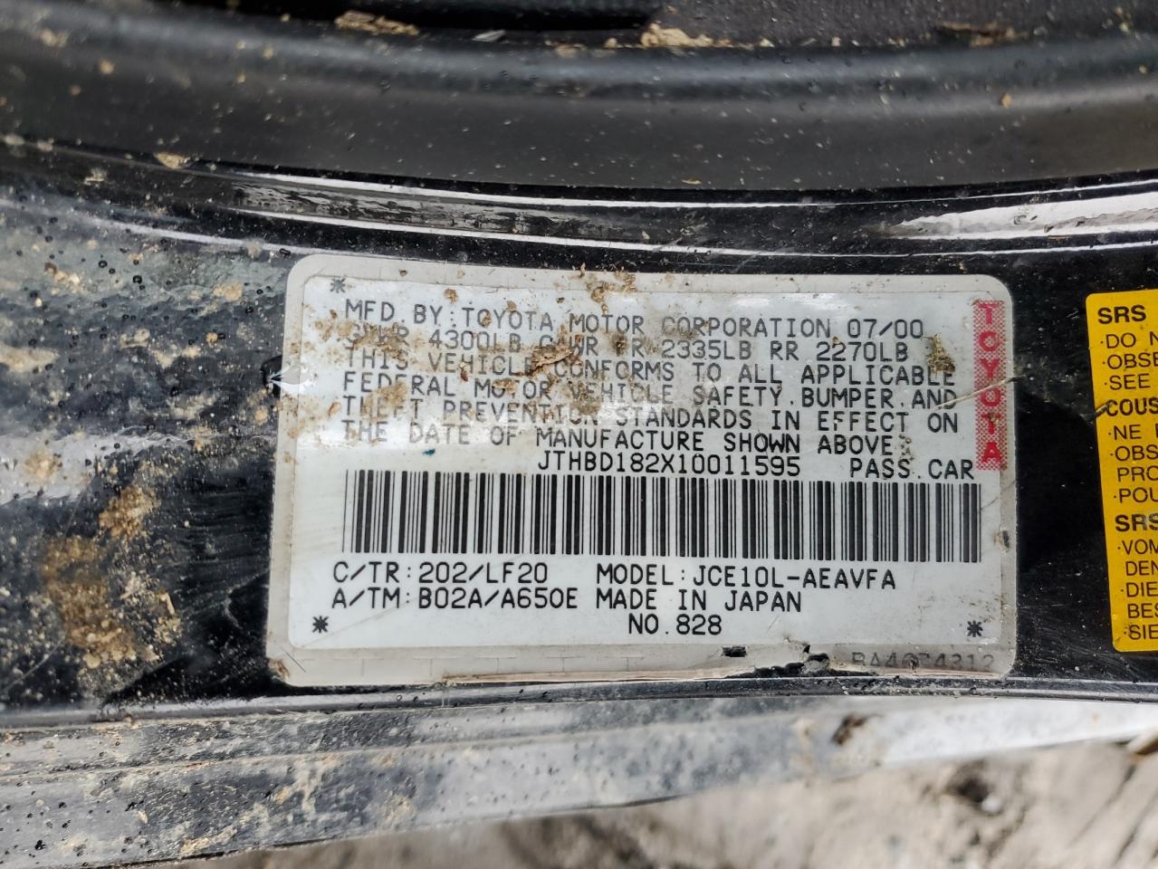 2001 Lexus Is 300 VIN: JTHBD182X10011595 Lot: 93662275