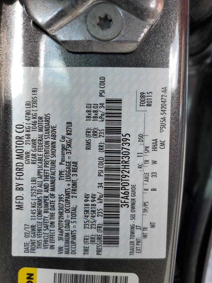 2017 Ford Fusion Se VIN: 3FA6P0T92HR307395 Lot: 92279825