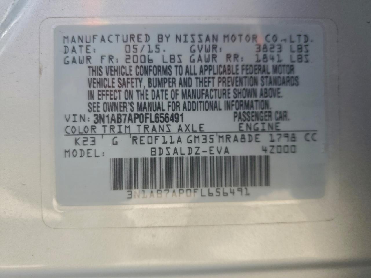 2015 Nissan Sentra S VIN: 3N1AB7AP0FL656491 Lot: 94089755