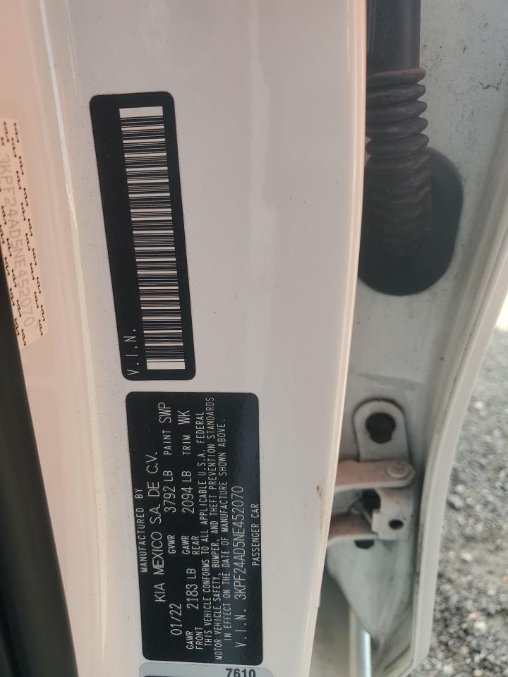 2022 Kia Forte Fe VIN: 3KPF24AD5NE452070 Lot: 92882875