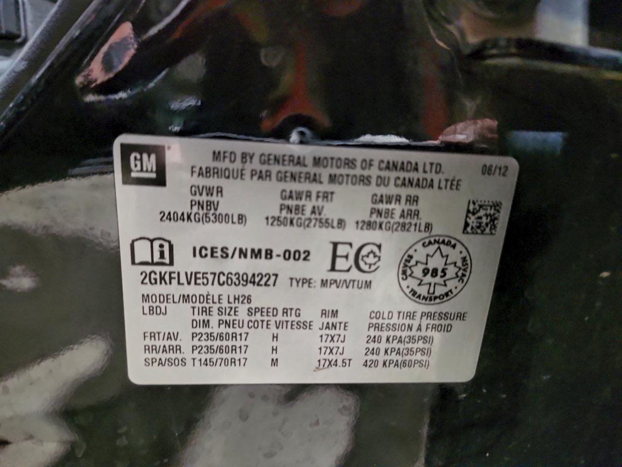 2012 GMC Terrain Slt VIN: 2GKFLVE57C6394227 Lot: 94239015