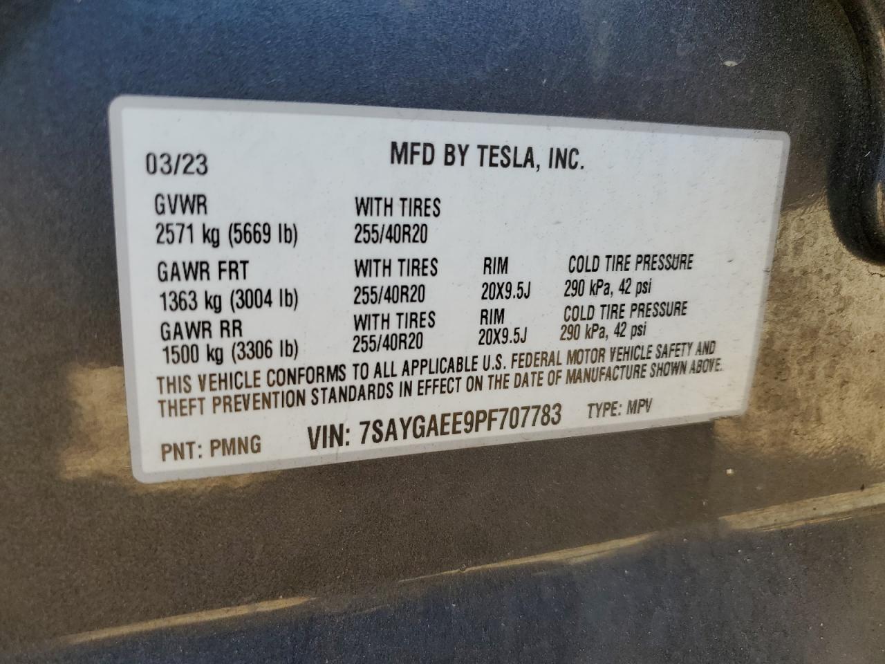 2023 Tesla Model Y VIN: 7SAYGAEE9PF707783 Lot: 92734665