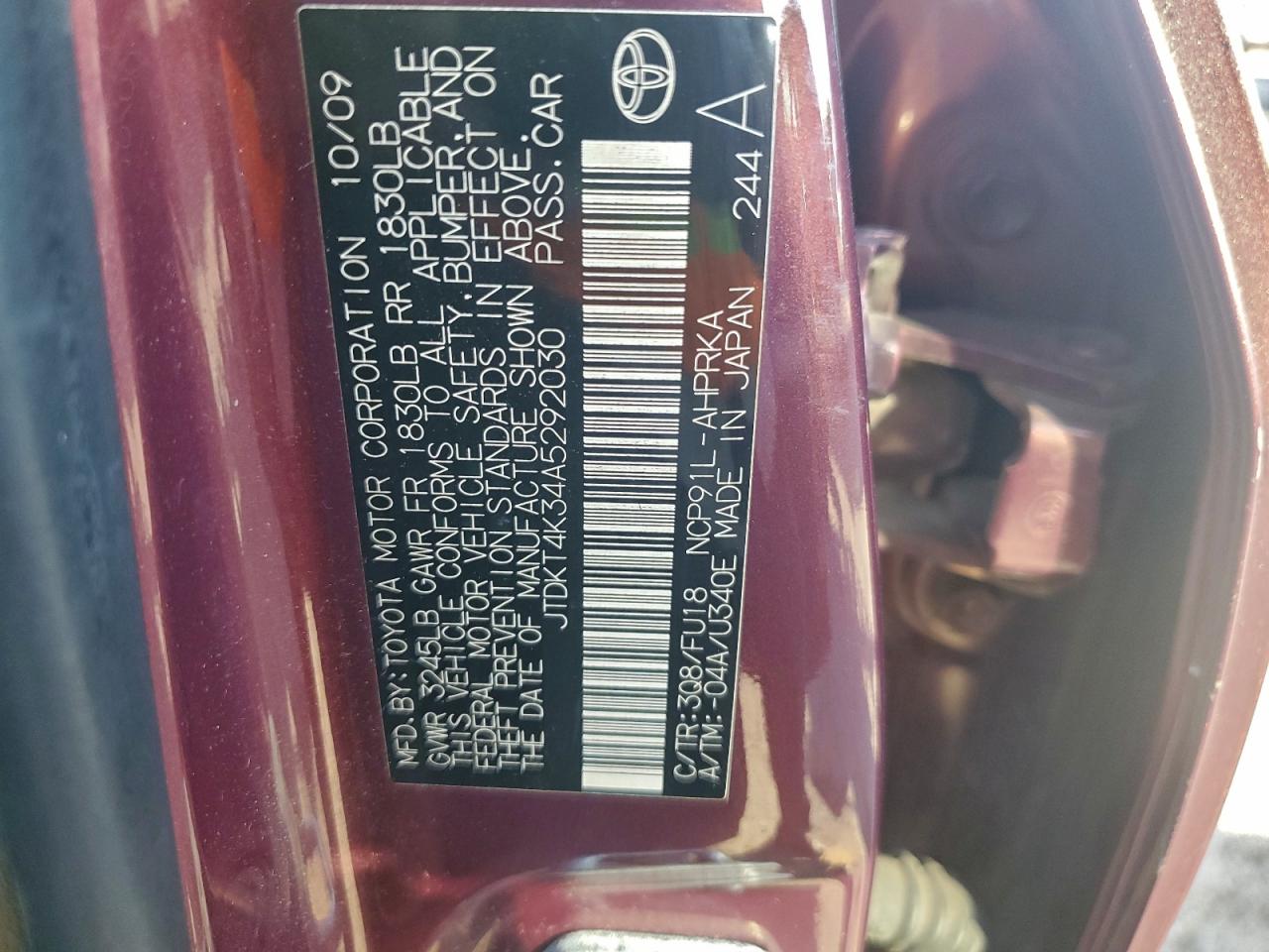 2010 Toyota Yaris VIN: JTDKT4K34A5292030 Lot: 93601945