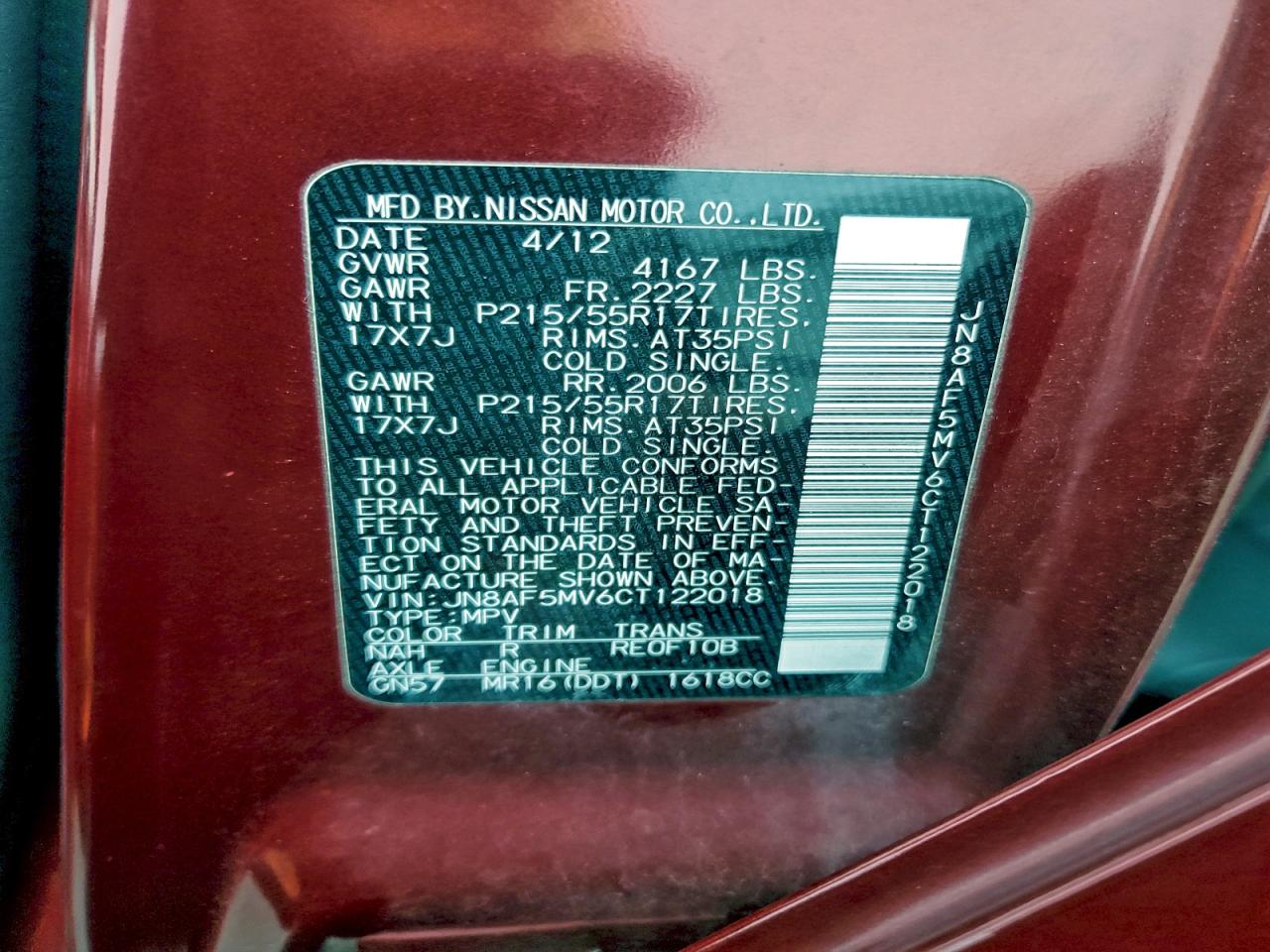 2012 Nissan Juke S VIN: JN8AF5MV6CT122018 Lot: 94121425