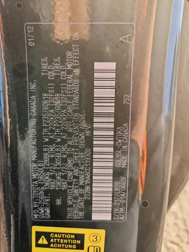 2012 Lexus Rx 350 VIN: 2T2BK1BA8CC139300 Lot: 92864625