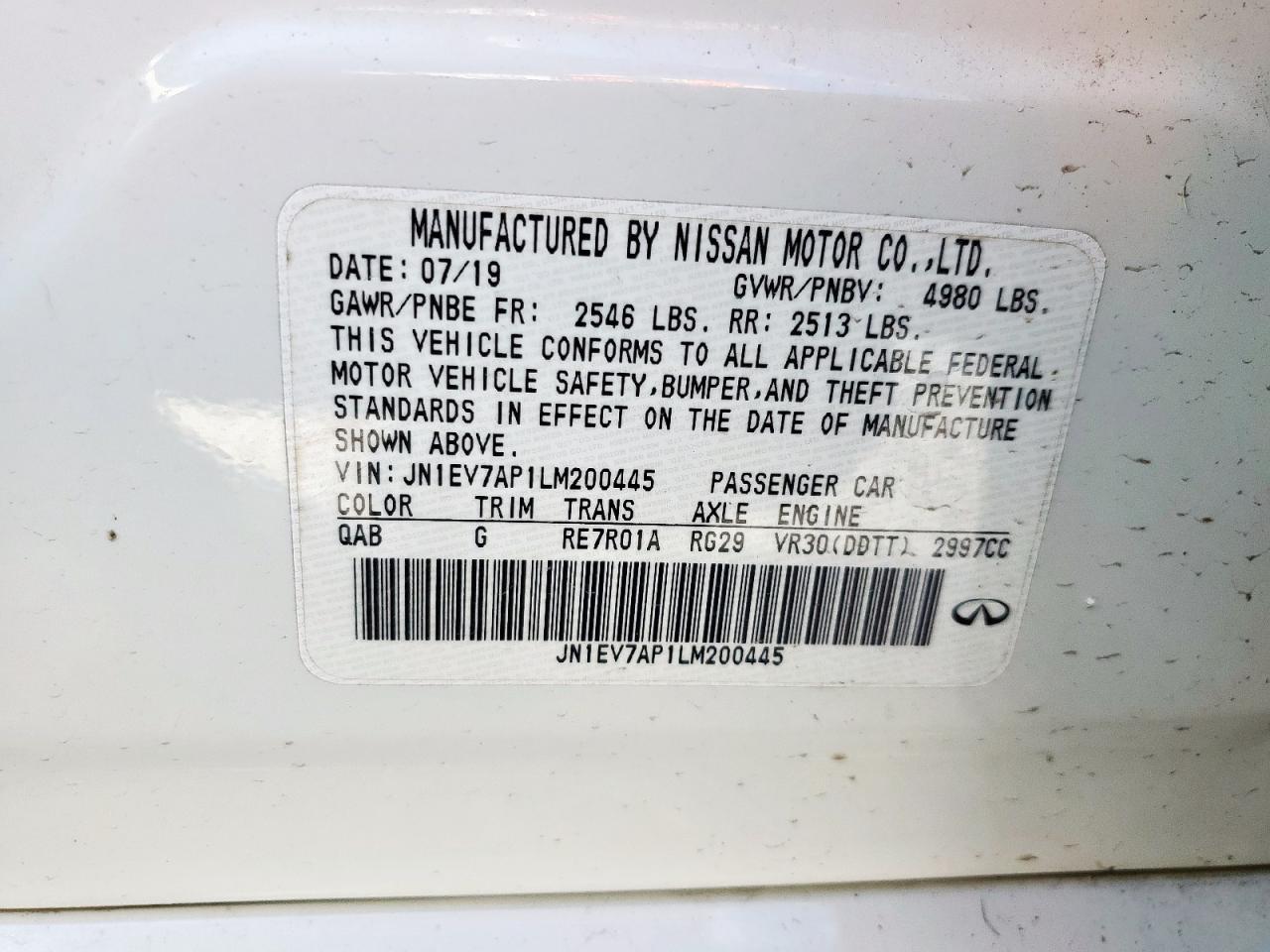 2020 Infiniti Q50 Pure VIN: JN1EV7AP1LM200445 Lot: 91389095