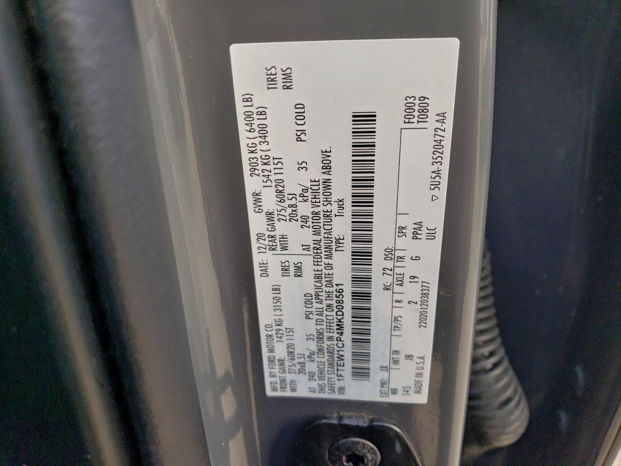 2021 Ford F150 Supercrew VIN: 1FTEW1CP4MKD08561 Lot: 92754625