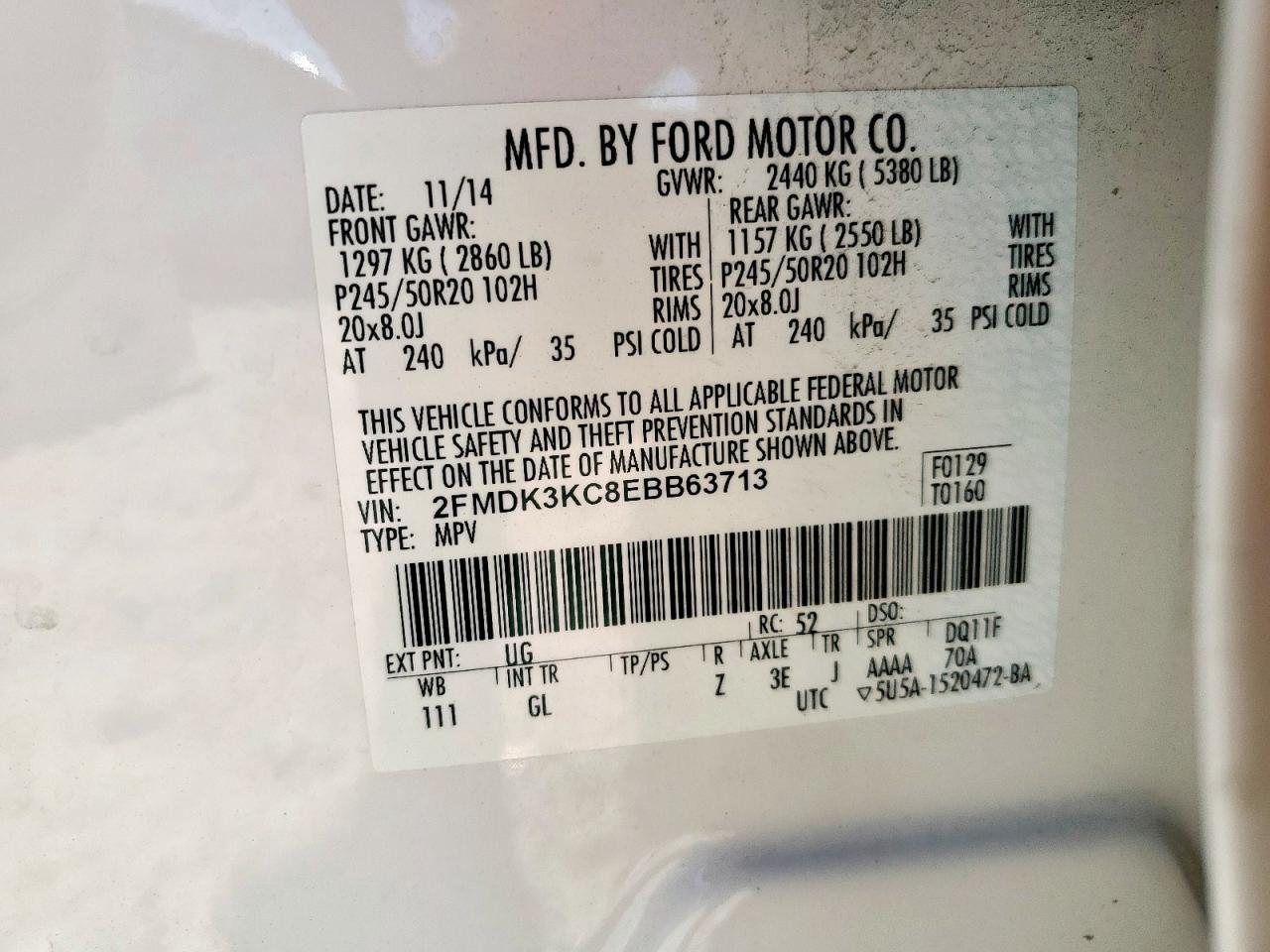 2014 Ford Edge Limited VIN: 2FMDK3KC8EBB63713 Lot: 90725365