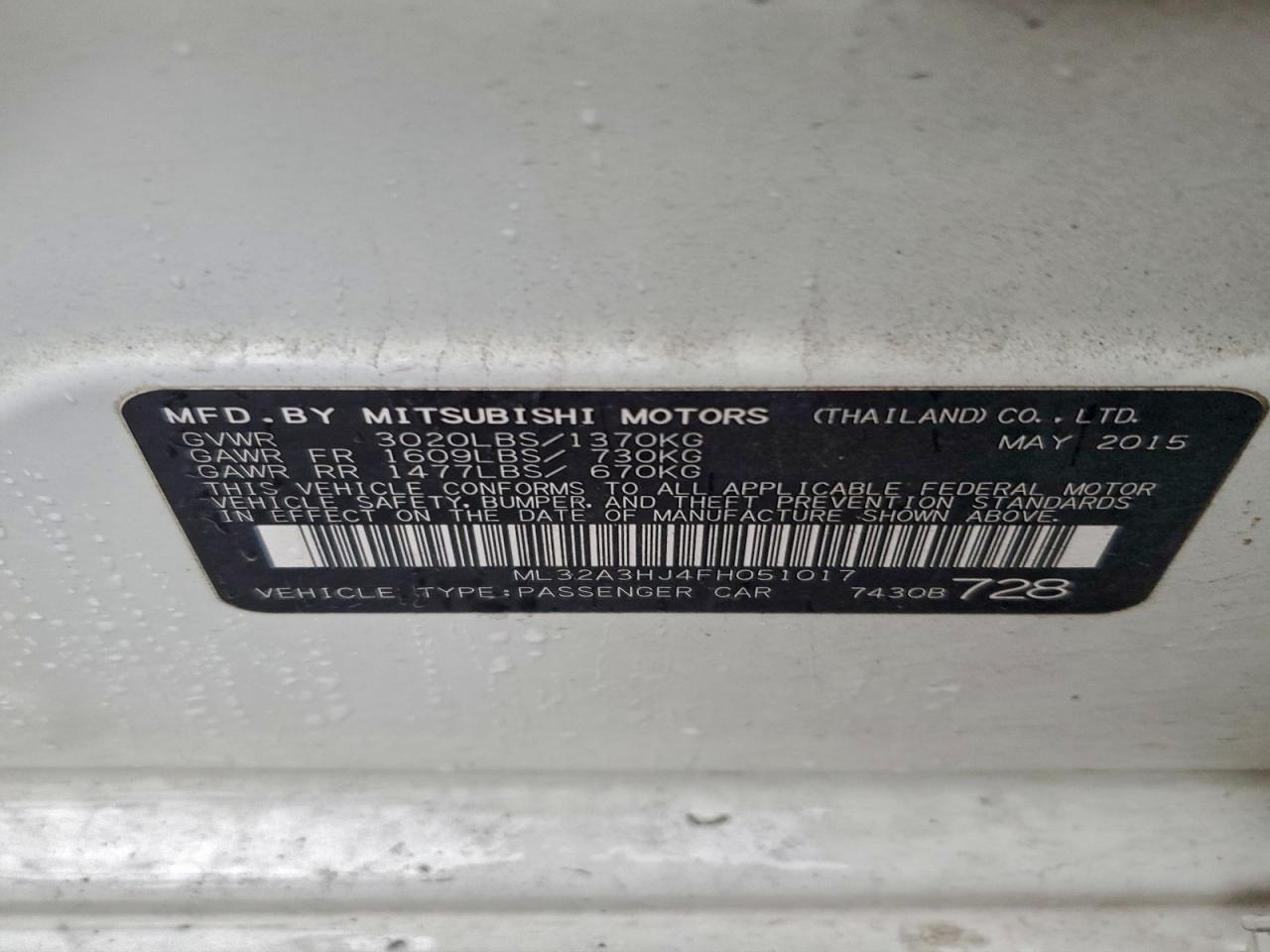 2015 Mitsubishi Mirage De VIN: ML32A3HJ4FH051017 Lot: 94035675