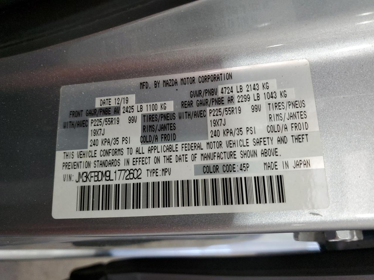 2020 Mazda Cx-5 Grand Touring VIN: JM3KFBDM9L1772602 Lot: 92839965