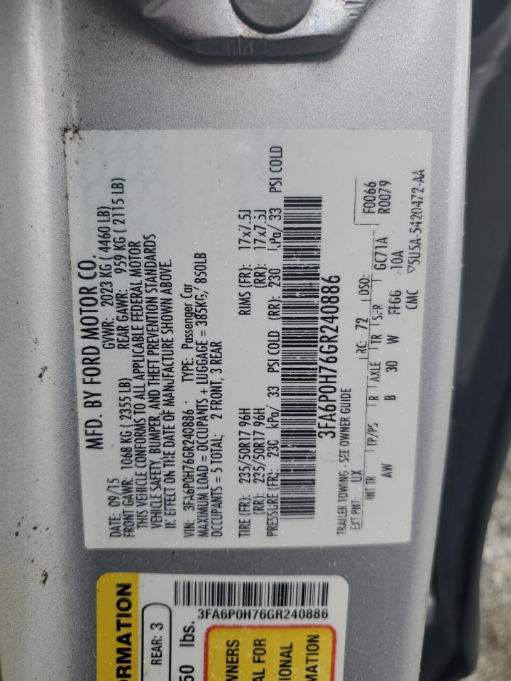2016 Ford Fusion Se VIN: 3FA6P0H76GR240886 Lot: 91426315