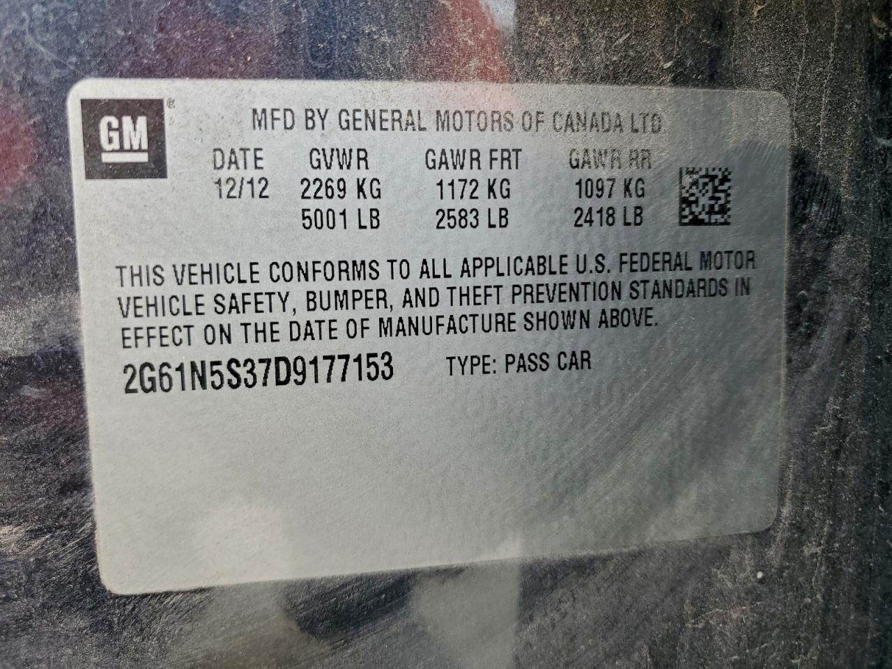 2013 Cadillac Xts VIN: 2G61N5S37D9177153 Lot: 93720285