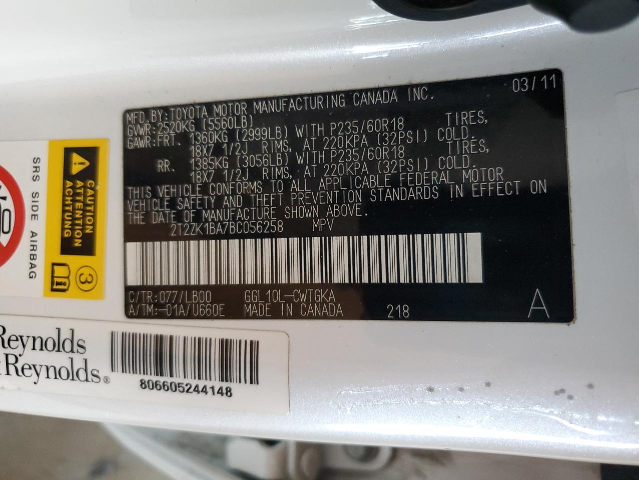 2011 Lexus Rx 350 VIN: 2T2ZK1BA7BC056258 Lot: 90124875