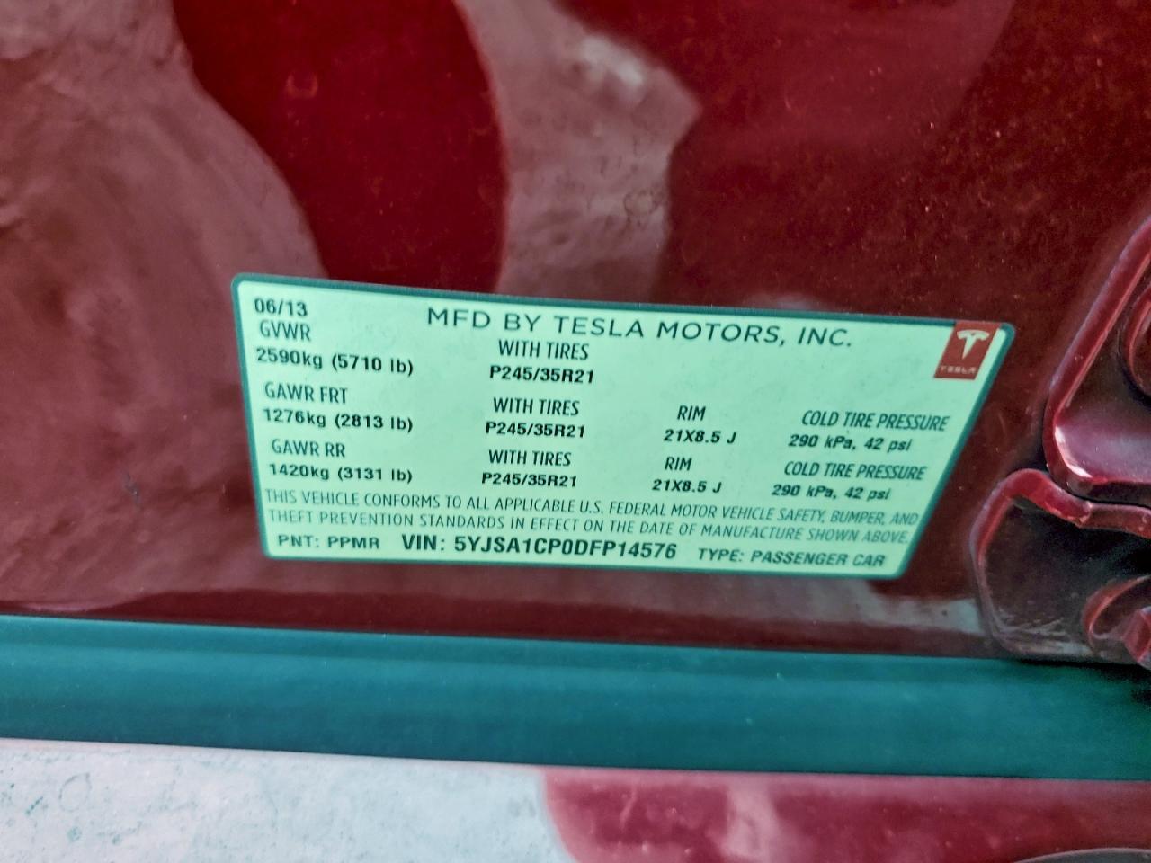 2013 Tesla Model S VIN: 5YJSA1CP0DFP14576 Lot: 94183055