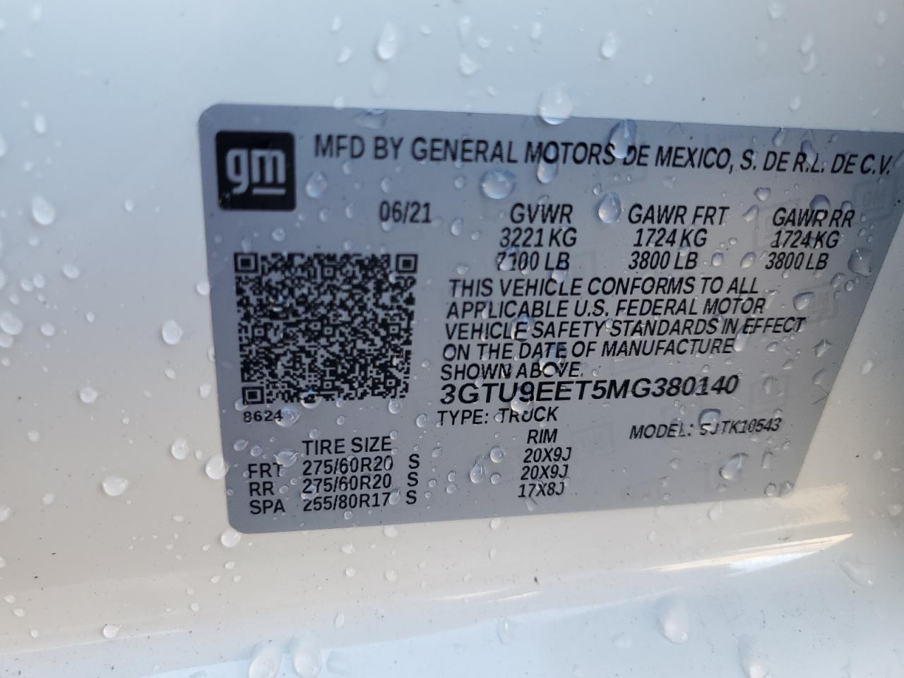 2021 GMC Sierra K1500 At4 VIN: 3GTU9EET5MG380140 Lot: 92308225