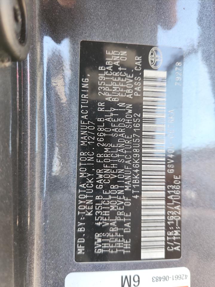 2008 Toyota Camry Le VIN: 4T1BK46K98U571652 Lot: 91545675