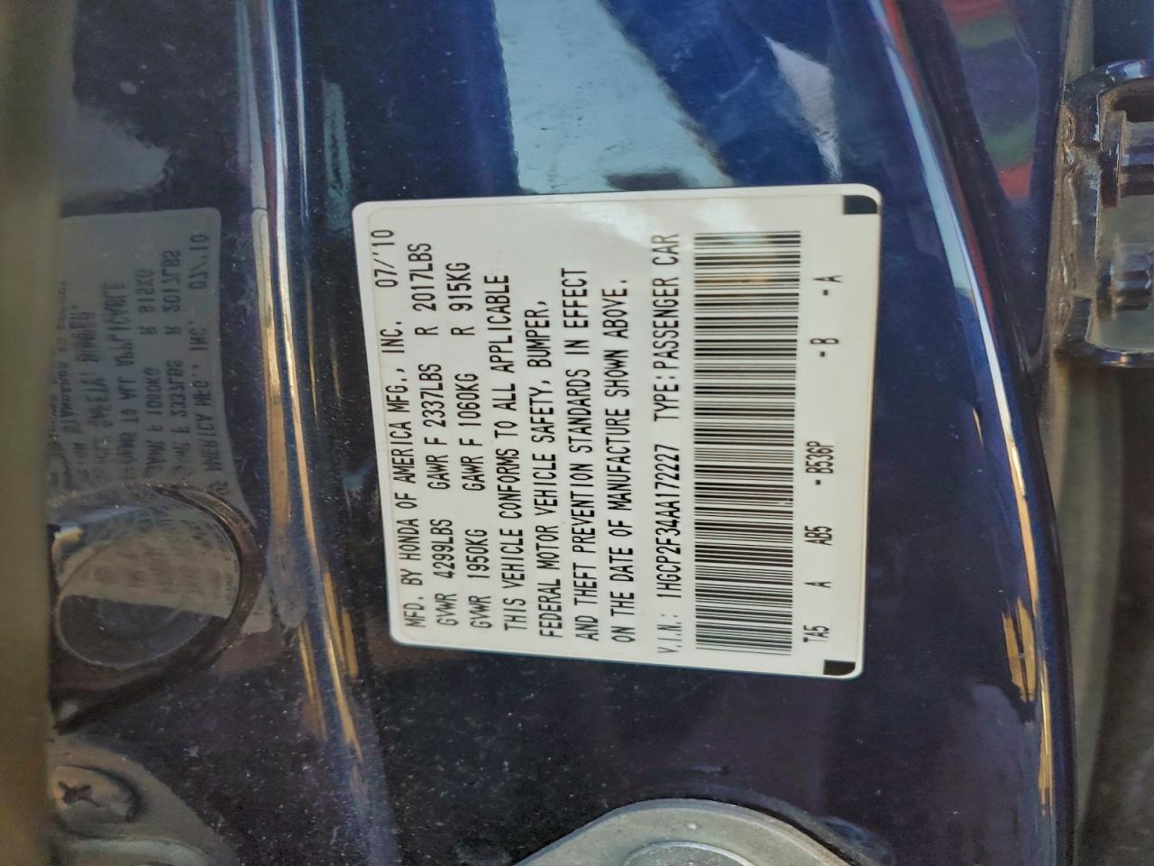 2010 Honda Accord Lx VIN: 1HGCP2F34AA172227 Lot: 94182365