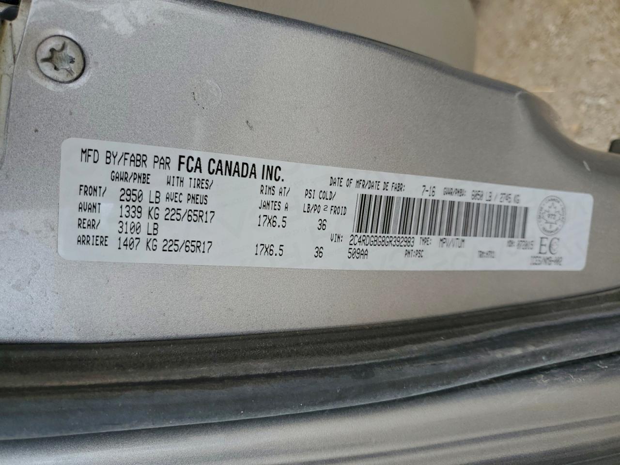 2016 Dodge Grand Caravan Se VIN: 2C4RDGBG8GR392983 Lot: 94313735