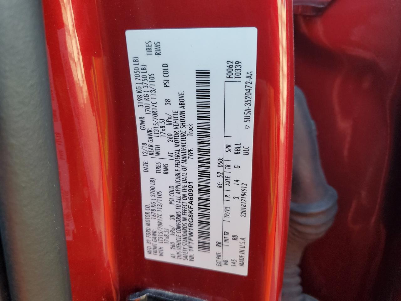 2019 Ford F150 Raptor VIN: 1FTFW1RG8KFA60901 Lot: 93265935