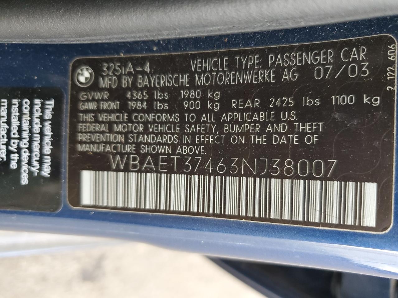 2003 BMW 325 I VIN: WBAET37463NJ38007 Lot: 92845795