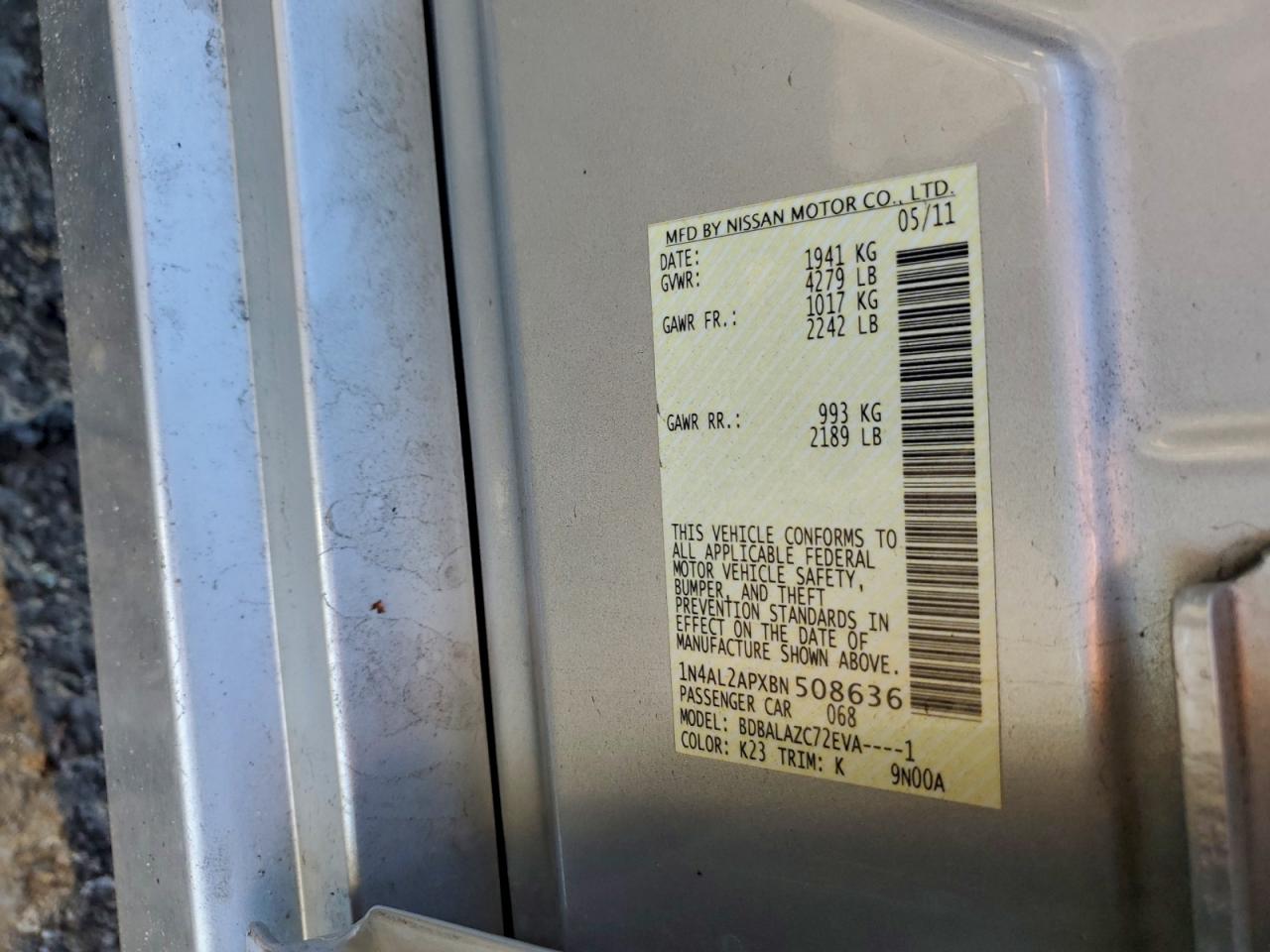 2011 Nissan Altima Base VIN: 1N4AL2APXBN508636 Lot: 94354045