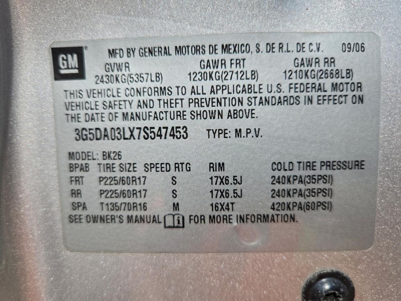 2007 Buick Rendezvous Cx VIN: 3G5DA03LX7S547453 Lot: 86617885