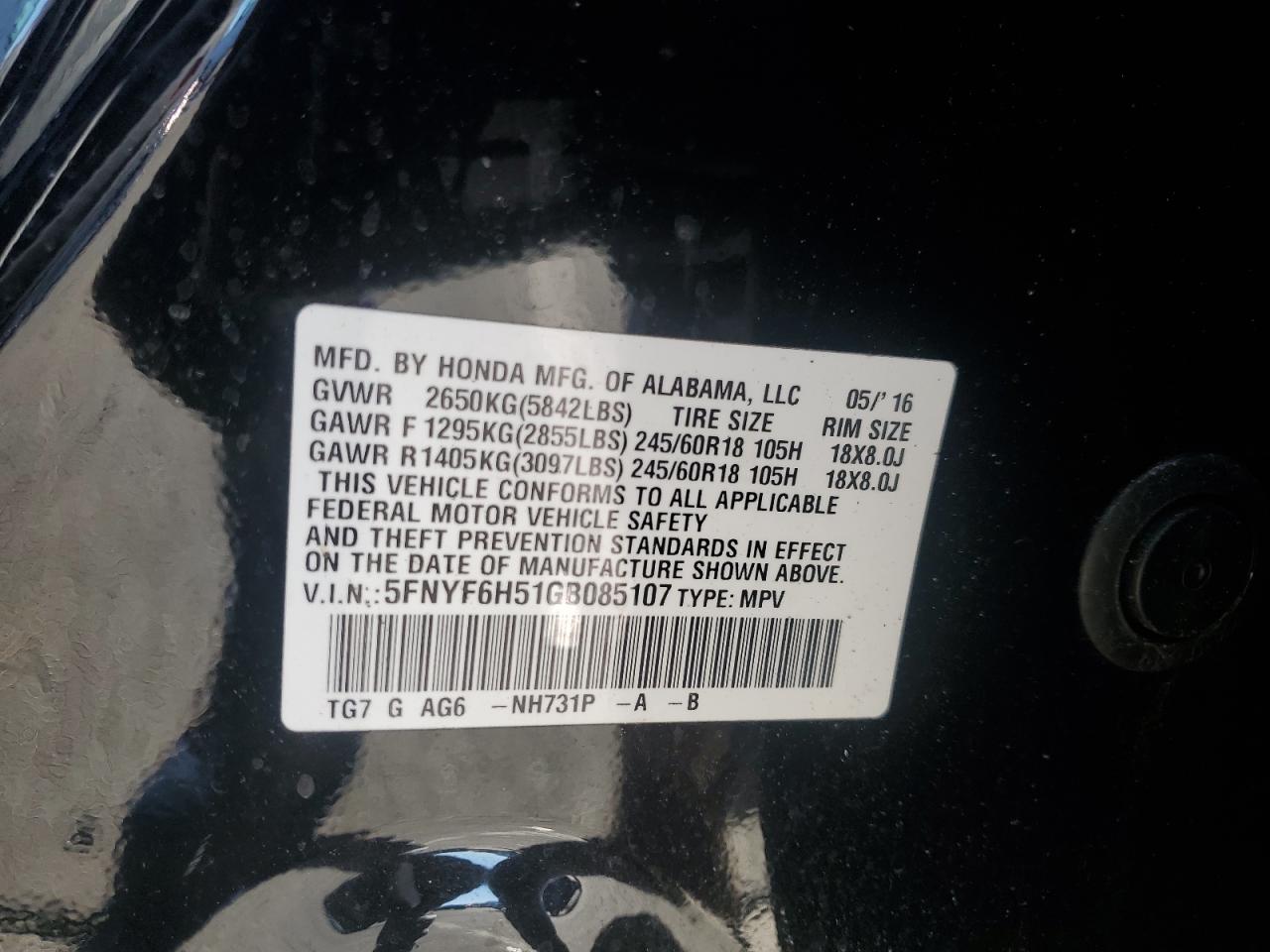 2016 Honda Pilot Exl VIN: 5FNYF6H51GB085107 Lot: 91190625